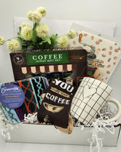 Load image into Gallery viewer, coffee gift basket, gourmet basket, food basket, gift baskets green bay
coffee gift box, coffee lover gift set, caffeine gift basket, sugar-free coffee syrups, cozy coffee gift, mug and syrup set, funny coffee socks gift