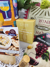 Load image into Gallery viewer, wine gift box, wine lovers gift, adulting gift box, wine themed gift, wine puzzle gift, cheese dip mix, Chardonnay soap, hostess gift, funny wine gifts, self-care box, unique gift ideas for wine drinkers, wine lover set, novelty wine gift