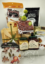 Load image into Gallery viewer, gourmet gift basket, snack gift set, holiday gift box, Stonewall Kitchen gift, pretzel and dip set, foodie gift, hostess gift, caramel dip, raspberry jelly, mustard gift set, handmade gift basket, kitchen gift