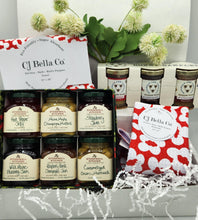 Load image into Gallery viewer, gourmet gift box, stonewall kitchen gift set, food lover gift, hostess gift idea, jam and honey gift set, eco friendly kitchen towel, specialty food gift, unique gift box, charcuterie gift set