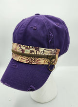 Load image into Gallery viewer, distressed baseball cap, vintage hat, boho hat, handmade hat, shabby chic hat, rustic style hat, women’s casual hat, adjustable baseball cap, boutique fashion accessories