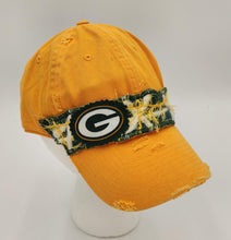 Load image into Gallery viewer, embellished baseball cap, handmade hats, women’s cadat hat, baseball trucker distressed hat, ball cap, josie t. designs, upcycled women’s hat, packer hat, handmade packer hat, packer accessories