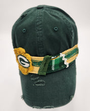 Load image into Gallery viewer, embellished baseball cap, handmade hats, women’s cadat hat, baseball trucker distressed hat, ball cap, josie t. designs, upcycled women’s hat, packers baseball cap