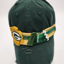Load image into Gallery viewer, embellished baseball cap, handmade hats, women’s cadat hat, baseball trucker distressed hat, ball cap, josie t. designs, upcycled women’s hat, packers baseball cap