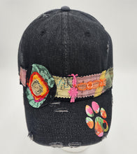 Load image into Gallery viewer, embellished baseball cap, handmade hats, women’s cadat hat, baseball trucker distressed hat, ball cap, josie t. designs, upcycled women’s hat, paw print hat