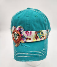 Load image into Gallery viewer, embellished baseball cap, handmade hats, women’s cadat hat, baseball trucker distressed hat, ball cap, josie t. designs, upcycled women’s hat, vintage washed distressed ball cap