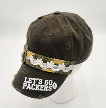 Load image into Gallery viewer, embellished baseball cap, handmade hats, women’s cadat hat, baseball trucker distressed hat, ball cap, josie t. designs, upcycled women’s hat, green bay packers women's hat, packers baseball cap