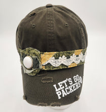 Load image into Gallery viewer, embellished baseball cap, handmade hats, women’s cadat hat, baseball trucker distressed hat, ball cap, josie t. designs, upcycled women’s hat, green bay packers women's hat, packers baseball cap