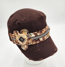 Load image into Gallery viewer, embellished baseball cap, handmade hats, women’s cadat hat, baseball trucker distressed hat, ball cap, josie t. designs, upcycled women’s hat, distressed army hat