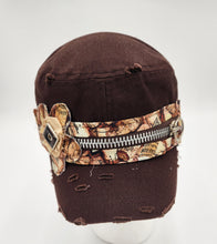 Load image into Gallery viewer, embellished baseball cap, handmade hats, women’s cadat hat, baseball trucker distressed hat, ball cap, josie t. designs, upcycled women’s hat, distressed army hat