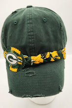 Load image into Gallery viewer, distressed baseball cap, vintage hat, boho hat, handmade hat, shabby chic hat, rustic style hat, women’s casual hat, adjustable baseball cap, boutique fashion accessories , packers baseball cap, green bay packers baseball cap