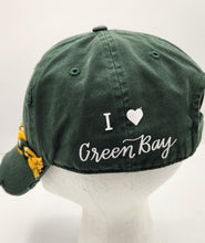 Load image into Gallery viewer, distressed baseball cap, vintage hat, boho hat, handmade hat, shabby chic hat, rustic style hat, women’s casual hat, adjustable baseball cap, boutique fashion accessories , packers baseball cap, green bay packers baseball cap