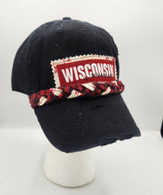 Load image into Gallery viewer, distressed baseball cap, , upcycled fashion, literary hat, vintage book page flower, khaki cap with zipper, wisconsin baseball cap,handmade cap, eco-friendly accessories