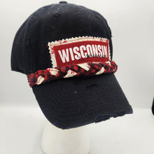 Load image into Gallery viewer, distressed baseball cap, , upcycled fashion, literary hat, vintage book page flower, khaki cap with zipper, wisconsin baseball cap,handmade cap, eco-friendly accessories