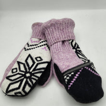 Load image into Gallery viewer, black, pink, white handmade sweater mittens with snowflake print and zipper pocket