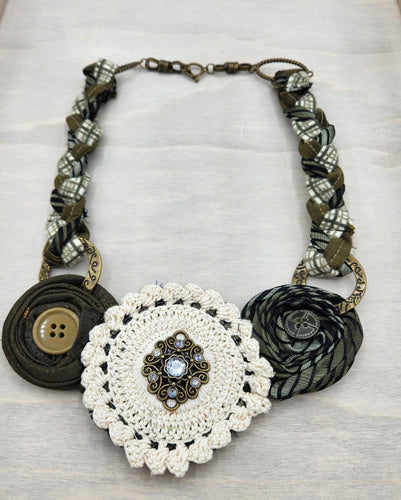 Textile necklace, upcycled jewelry, re-purposed jewelry, boho, handmade necklace