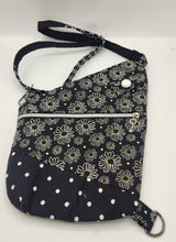Load image into Gallery viewer, daisy print bag, floral crossbody purse, handmade daisy handbag, cute summer sling bag, black and white floral bag, daisy pattern crossbody, boho daisy bag, polka dot and flower purse, small zipper bag for women, cheerful floral purse
traveler Pouch, Sling Bag, Unisex Crossbody Bag, Secure pouch, handmade crossbody, upcycled sling bag, josie t. designs, travel bag,