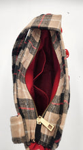 Load image into Gallery viewer, plaid shoulder bag
handmade patchwork purse
flannel plaid tote bag
red button accent handbag
boutique handmade bags
cozy fall tote purse