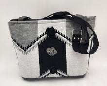Load image into Gallery viewer, handmade knitted shoulder bag
black and gray tote purse
floral accent handbag
unique boutique bag
knitted geometric purse
durable everyday tote
