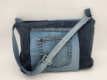 Load image into Gallery viewer, upcycled denim bag
denim crossbody purse
patchwork denim bag
blue jean purse
sustainable fashion bag
eco friendly handbag
handmade denim bag
casual crossbody bag
recycled denim purse
boho denim bag