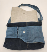 Load image into Gallery viewer, upcycled denim bag
denim crossbody purse
patchwork denim bag
blue jean purse
sustainable fashion bag
eco friendly handbag
handmade denim bag
casual crossbody bag
recycled denim purse
boho denim bag