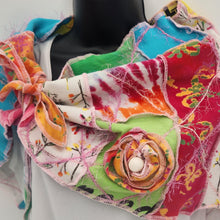 Load image into Gallery viewer, upcycled summer scarf, re-purposed, handmade scarf, made in the usa, josie t. designs, summer shawl, couture trend, eco-conscious, handmade textile jewelry, sustainable fashion, upcycled fabric bib, artsy wearable art,