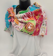 Load image into Gallery viewer, upcycled summer scarf, re-purposed, handmade scarf, made in the usa, josie t. designs, summer shawl, couture trend, eco-conscious, handmade textile jewelry, sustainable fashion, upcycled fabric bib, artsy wearable art,