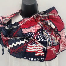 Load image into Gallery viewer, upcycled summer scarf, re-purposed, handmade scarf, made in the usa, josie t. designs, summer shawl, couture trend, eco-conscious, handmade textile jewelry, sustainable fashion, upcycled fabric bib, artsy wearable art,