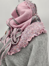 Load image into Gallery viewer, upcycled scarf, swag scarf, sweater scarf, cowl neck scarf, handmade scarf, couture trend, eco-conscious