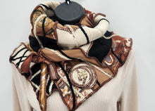 Load image into Gallery viewer, upcycled scarf, swag scarf, sweater scarf, cowl neck scarf, handmade scarf, couture trend, eco-conscious, josie t. designs, reclaimed textiles, repurposed textiles, repurposed fabric projects, DIY upcycled scarf, re-purposed fabric projects, textile art scarf