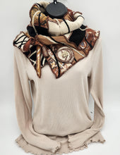Load image into Gallery viewer, upcycled scarf, swag scarf, sweater scarf, cowl neck scarf, handmade scarf, couture trend, eco-conscious, josie t. designs, reclaimed textiles, repurposed textiles, repurposed fabric projects, DIY upcycled scarf, re-purposed fabric projects, textile art scarf
