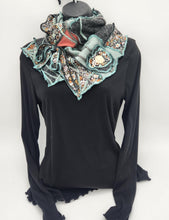 Load image into Gallery viewer, upcycled scarf, swag scarf, sweater scarf, cowl neck scarf, handmade scarf, couture trend, eco-conscious, josie t. designs, reclaimed textiles, repurposed textiles, repurposed fabric projects, DIY upcycled scarf, re-purposed fabric projects, textile art scarf