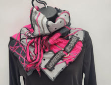 Load image into Gallery viewer, upcycled scarf, swag scarf, sweater scarf, cowl neck scarf, handmade scarf, couture trend, eco-conscious, josie t. designs, reclaimed textiles, repurposed textiles, repurposed fabric projects, DIY upcycled scarf, re-purposed fabric projects, textile art scarf