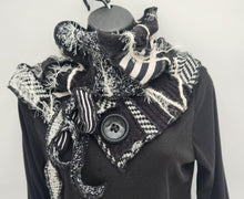 Load image into Gallery viewer, upcycled scarf, swag scarf, sweater scarf, cowl neck scarf, handmade scarf, couture trend, eco-conscious, josie t. designs, reclaimed textiles, repurposed textiles, repurposed fabric projects, DIY upcycled scarf, re-purposed fabric projects, textile art scarf