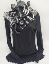 Load image into Gallery viewer, upcycled scarf, swag scarf, sweater scarf, cowl neck scarf, handmade scarf, couture trend, eco-conscious, josie t. designs, reclaimed textiles, repurposed textiles, repurposed fabric projects, DIY upcycled scarf, re-purposed fabric projects, textile art scarf