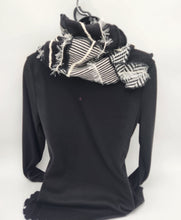 Load image into Gallery viewer, upcycled scarf, swag scarf, sweater scarf, cowl neck scarf, handmade scarf, couture trend, eco-conscious, josie t. designs, reclaimed textiles, repurposed textiles, repurposed fabric projects, DIY upcycled scarf, re-purposed fabric projects, textile art scarf