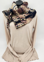 Load image into Gallery viewer, upcycled scarf, swag scarf, sweater scarf, cowl neck scarf, handmade scarf, couture trend, eco-conscious, josie t. designs, reclaimed textiles, repurposed textiles, repurposed fabric projects, DIY upcycled scarf, re-purposed fabric projects, textile art scarf