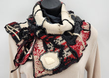Load image into Gallery viewer, upcycled scarf, swag scarf, sweater scarf, cowl neck scarf, handmade scarf, couture trend, eco-conscious, josie t. designs, reclaimed textiles, repurposed textiles, repurposed fabric projects, DIY upcycled scarf, re-purposed fabric projects, textile art scarf