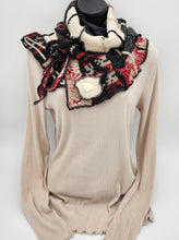 Load image into Gallery viewer, upcycled scarf, swag scarf, sweater scarf, cowl neck scarf, handmade scarf, couture trend, eco-conscious, josie t. designs, reclaimed textiles, repurposed textiles, repurposed fabric projects, DIY upcycled scarf, re-purposed fabric projects, textile art scarf