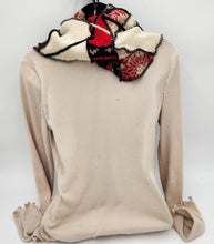 Load image into Gallery viewer, upcycled scarf, swag scarf, sweater scarf, cowl neck scarf, handmade scarf, couture trend, eco-conscious, josie t. designs, reclaimed textiles, repurposed textiles, repurposed fabric projects, DIY upcycled scarf, re-purposed fabric projects, textile art scarf