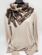 Load image into Gallery viewer, upcycled scarf, swag scarf, sweater scarf, cowl neck scarf, handmade scarf, couture trend, eco-conscious, josie t. designs, reclaimed textiles, repurposed textiles, repurposed fabric projects, DIY upcycled scarf, re-purposed fabric projects, textile art scarf