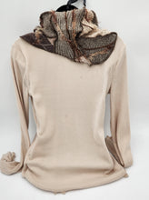 Load image into Gallery viewer, upcycled scarf, swag scarf, sweater scarf, cowl neck scarf, handmade scarf, couture trend, eco-conscious, josie t. designs, reclaimed textiles, repurposed textiles, repurposed fabric projects, DIY upcycled scarf, re-purposed fabric projects, textile art scarf