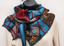 Load image into Gallery viewer, upcycled scarf, swag scarf, sweater scarf, cowl neck scarf, handmade scarf, couture trend, eco-conscious, josie t. designs, reclaimed textiles, repurposed textiles, repurposed fabric projects, DIY upcycled scarf, re-purposed fabric projects, textile art scarf