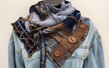 Load image into Gallery viewer, upcycled scarf, swag scarf, sweater scarf, cowl neck scarf, handmade scarf, couture trend, eco-conscious, josie t. designs, reclaimed textiles, repurposed textiles, repurposed fabric projects, DIY upcycled scarf, re-purposed fabric projects, textile art scarf
