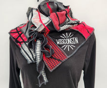 Load image into Gallery viewer, Wisconsin scarf
Upcycled patchwork scarf
Handmade winter scarf
Wisconsin gift ideas
Red and black knit scarf
Eco-friendly scarf
Women’s winter accessories
Wisconsin fan gear
handmade scarf