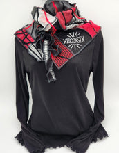Load image into Gallery viewer, Wisconsin scarf
Upcycled patchwork scarf
Handmade winter scarf
Wisconsin gift ideas
Red and black knit scarf
Eco-friendly scarf
Women’s winter accessories
Wisconsin fan gear
handmade scarf