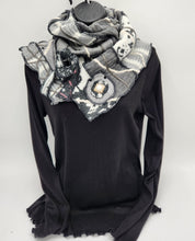Load image into Gallery viewer, upcycled scarf, swag scarf, sweater scarf, cowl neck scarf, handmade scarf, couture trend, eco-conscious, josie t. designs, reclaimed textiles, repurposed textiles, repurposed fabric projects, DIY upcycled scarf, re-purposed fabric projects, textile art scarf