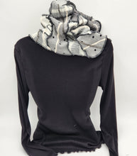 Load image into Gallery viewer, upcycled scarf, swag scarf, sweater scarf, cowl neck scarf, handmade scarf, couture trend, eco-conscious, josie t. designs, reclaimed textiles, repurposed textiles, repurposed fabric projects, DIY upcycled scarf, re-purposed fabric projects, textile art scarf