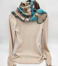 Load image into Gallery viewer, upcycled scarf, swag scarf, sweater scarf, cowl neck scarf, handmade scarf, couture trend, eco-conscious, josie t. designs, reclaimed textiles, repurposed textiles, repurposed fabric projects, DIY upcycled scarf, re-purposed fabric projects, textile art scarf