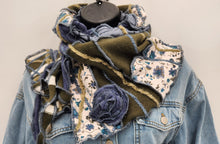 Load image into Gallery viewer, upcycled scarf, swag scarf, sweater scarf, cowl neck scarf, handmade scarf, couture trend, eco-conscious, josie t. designs, reclaimed textiles, repurposed textiles, repurposed fabric projects, DIY upcycled scarf, re-purposed fabric projects, textile art scarf